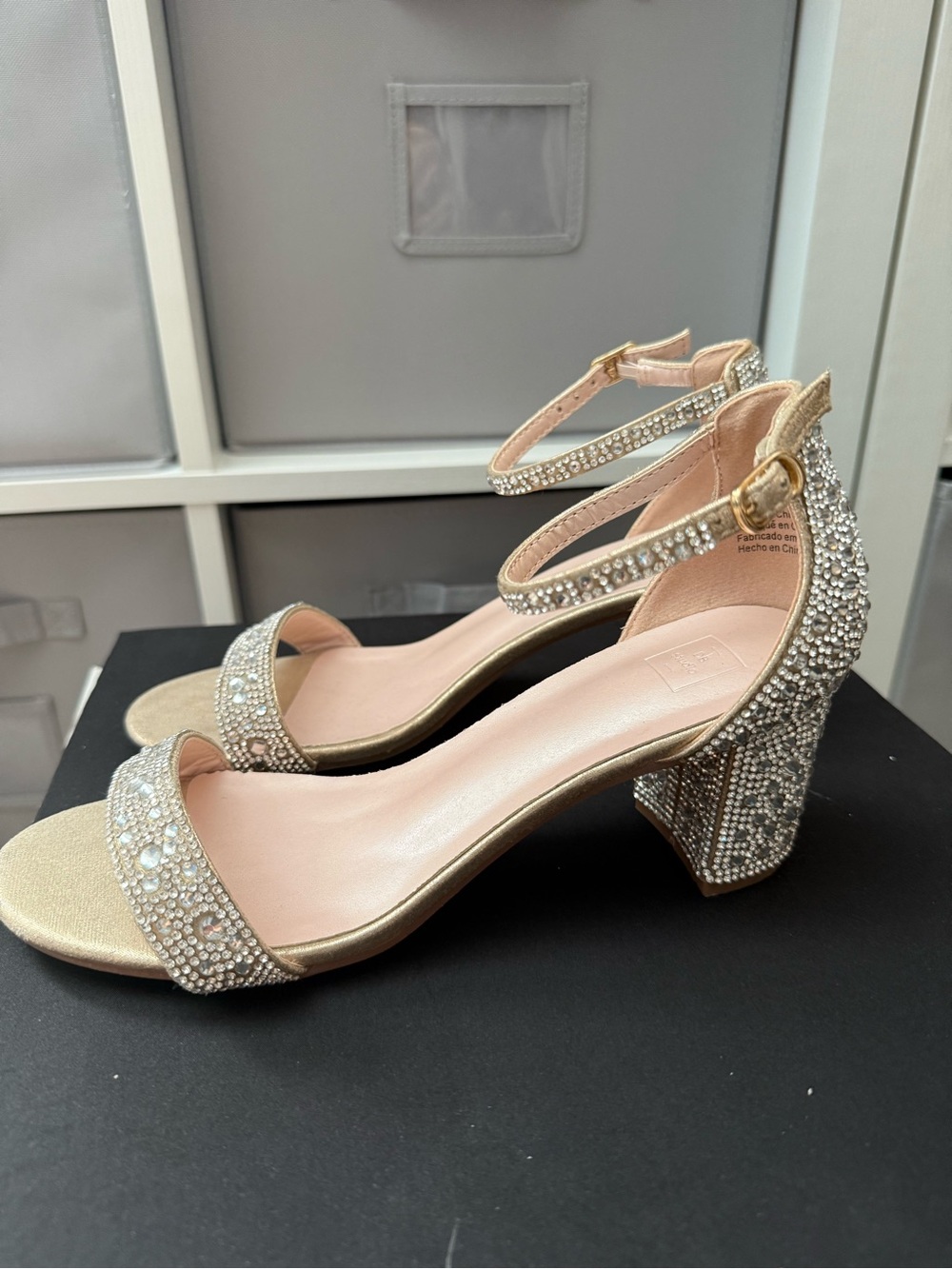 Embellished Block Heel Sandals in Champagne - Women's Dress Shoes,